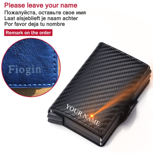 Engraving RFID Card Holder Wallet for Men Credit Card Holder Business Unisex PU Leather Double Layer Cardholder Aluminum Box: Carbon with Name