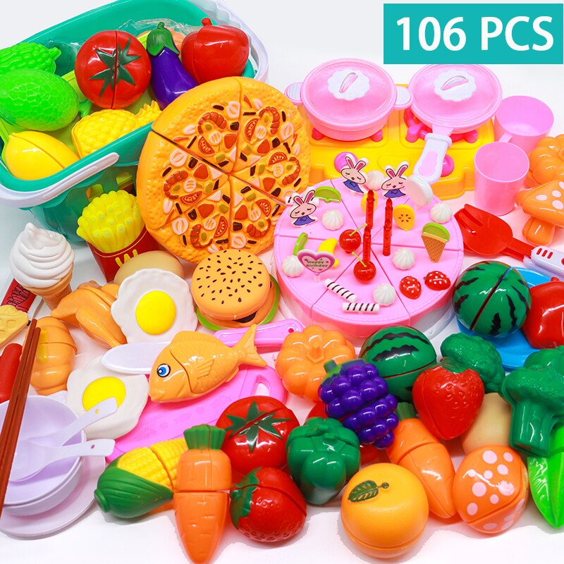 150pcs Plastic Kitchen Toy Shopping Cart Set Cut Fruit and Vegetable Food Play House Simulation Toys Early Education Girl: 106-piece set