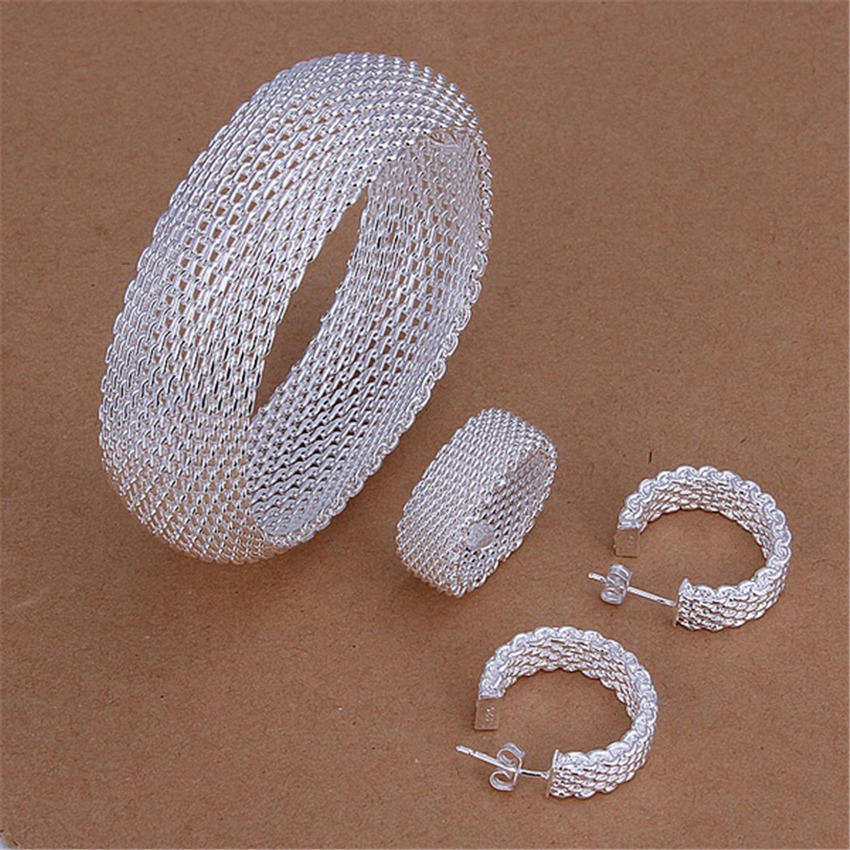 Size6-10 Charm 925 Sterling Silver Bangle Ringen Oorbellen Armbanden Sieraden Set Fine Weave Netto Mode Party Kerstcadeaus