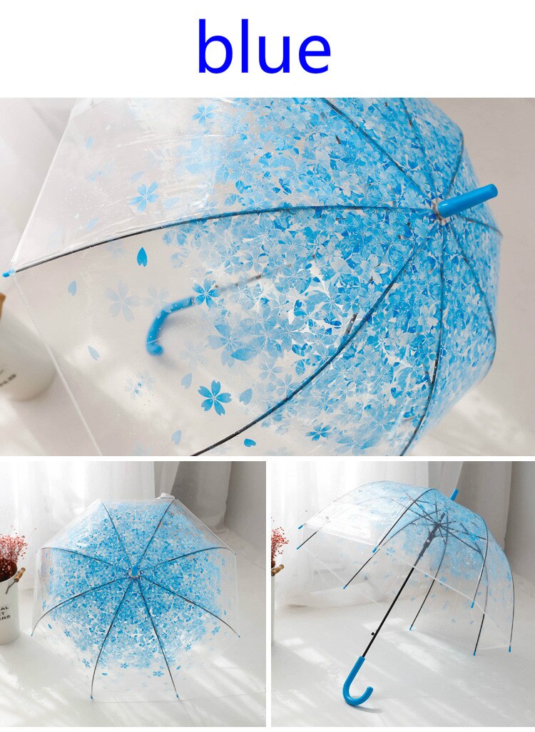 Gennemsigtig kirsebærblomst paraply langt håndtag gennemsigtig piger retro slik farvet lyse prinsesse paraply: Himmelblå
