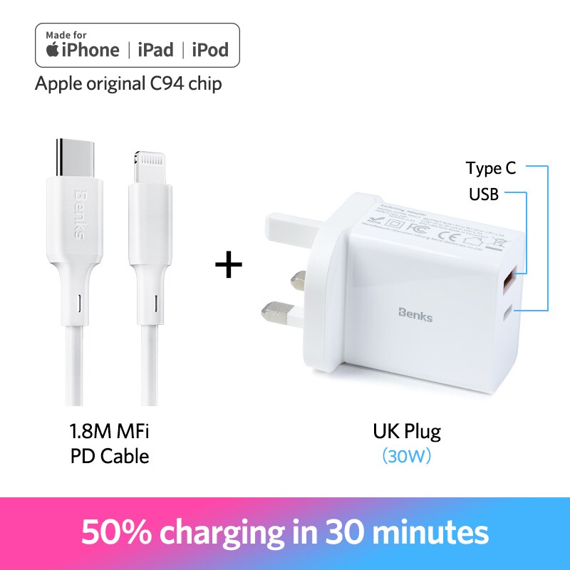 Benks MFi PD Kabel Typ C Für Apfel Hafen Schnelle Ladekabel Für iPhone X/Xs/Xr/ 8 Plus PD Energie Adapter USB C Kabel Für iPad Profi: 1.8M UK stecker