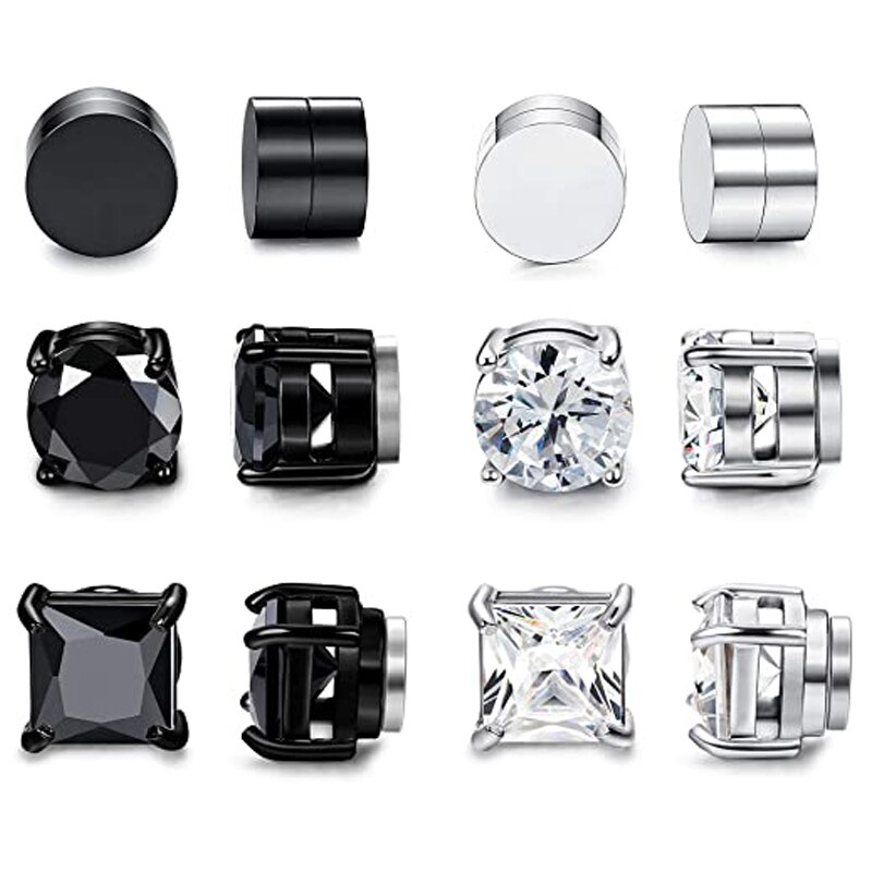 6 paires de boucles d&#39;oreilles magnétiques pour hommes et femmes, ensemble de boucles d&#39;oreilles rondes en acier noir, aimant CZ sans perçage: 1 Set-6pairs