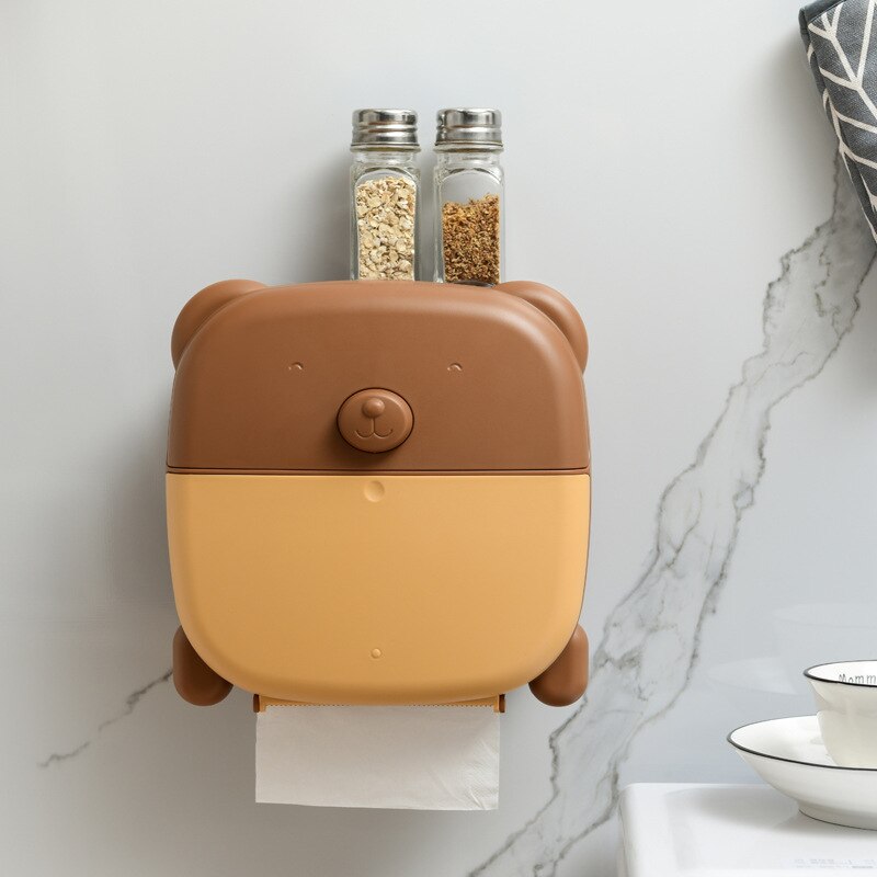 Pig Bear Wall Mounted Toilet Paper Holder Multifunctional Waterproof Storage Box Organizer Tissue Box Roll Paper Bathroom