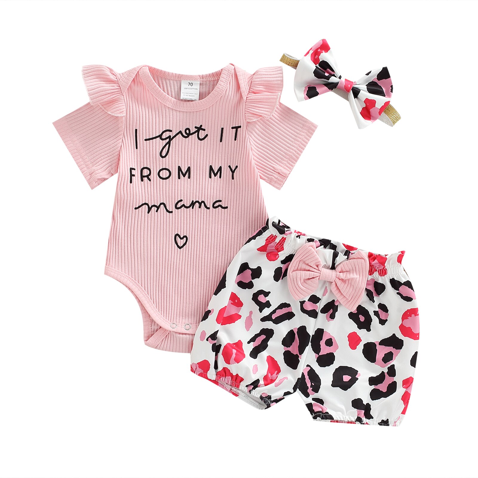 Ensemble de vêtements d'été pour bébés filles de 0 à 18M, barboteuse à manches courtes + Short imprimé léopard/tournesol, I GOT IT FROM MY MAMA, 3 pièces, 2022: C / 6M