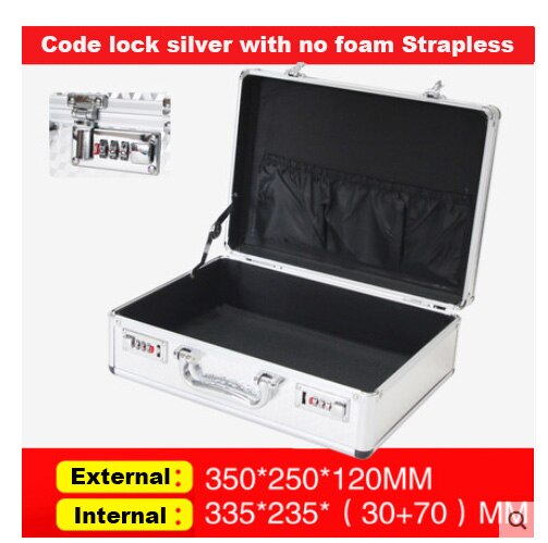 Aluminum alloy tool case portable cipher box Tool safe File box Hardware Equipment Box Multi-function Large size with lock: silver no foam