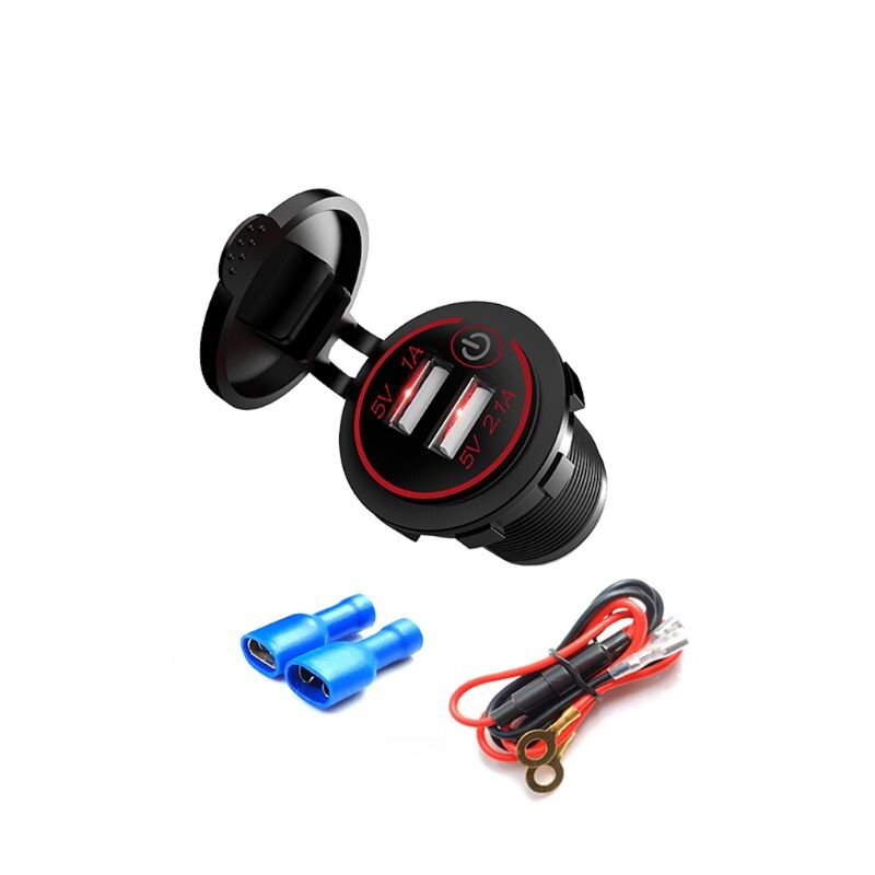 Waterdichte 12V 24V Dual USB LED Car Charger Met Touch AAN UIT Schakelaar Kabel Voor Auto Boot marine Truck Motorfiets Camper Veh: RED