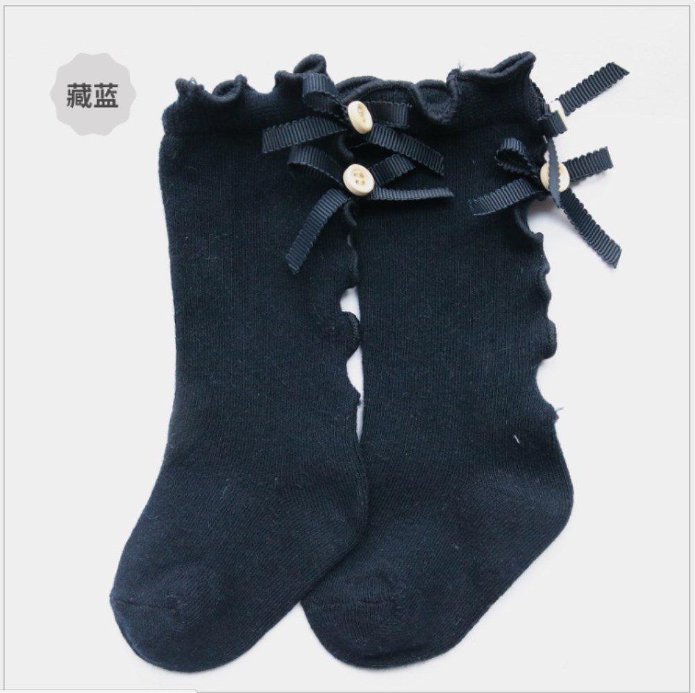 Kids Peuters Meisjes Sokken Grote Boog Knie Hoge Lange Zachte Katoen Kant Baby Solid Herfst Warm Ruches Boog: Dark Blue / 0-1 Year