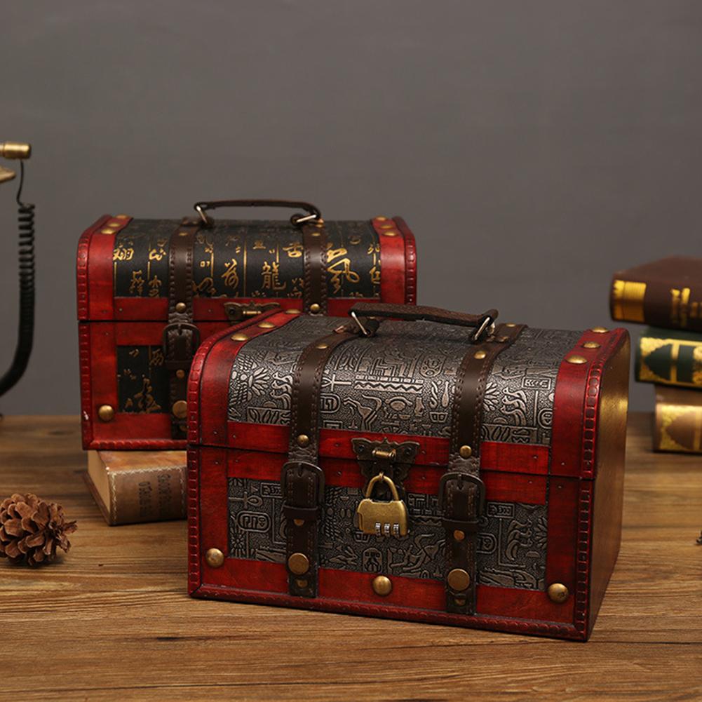 Treasure Chest With Lock Box Cosmetics Jewelry Treasure Hunt Box Wooden Crafts Decorative Ornaments