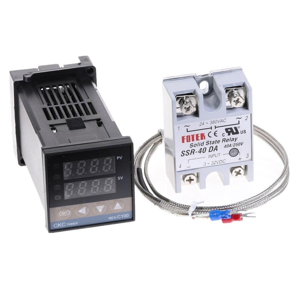 Digital 100-240VAC PID REX-C100 Temperature Controller + max.40A SSR + K Thermocouple, PID Controller Set + Heat Sink 0-900C