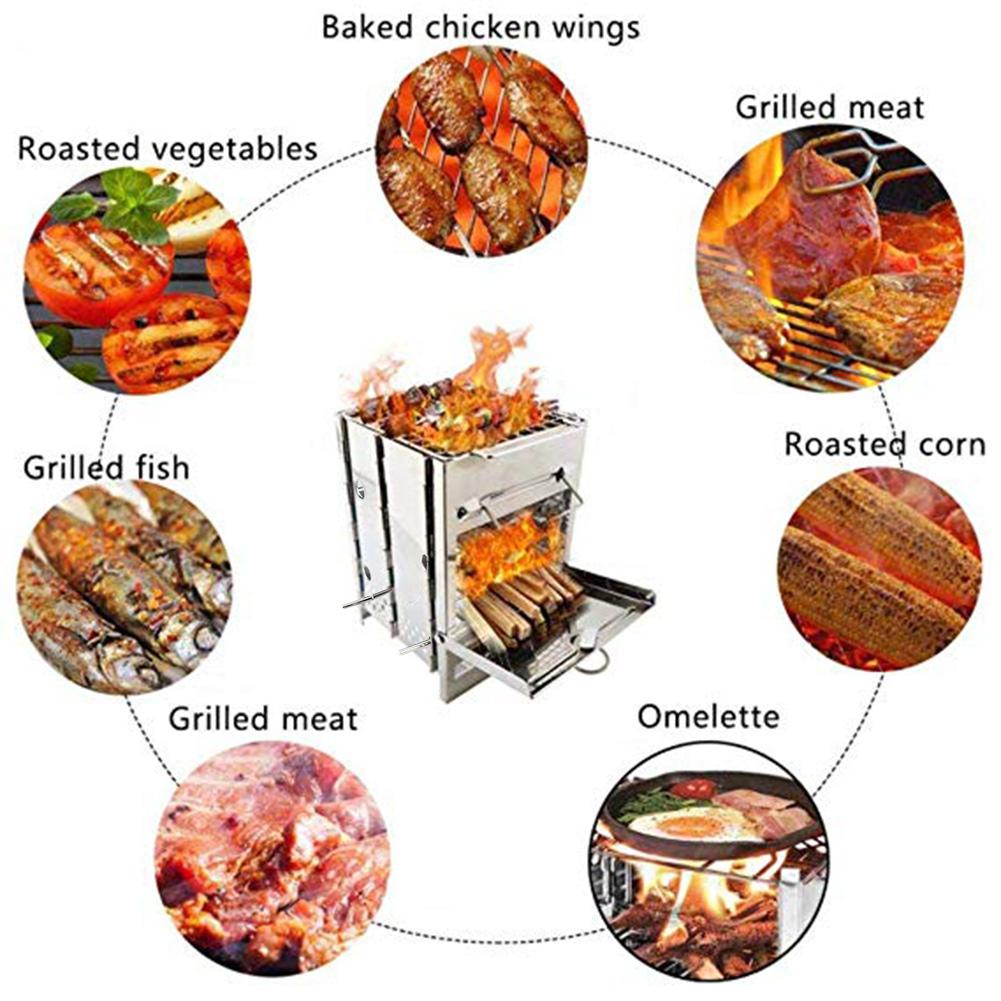 Outdoor BBQ Barbecue Stove Stainless Steel Camping Grill Portable Mini Wood Lightweight Cooking Folding Backpacking Picnic