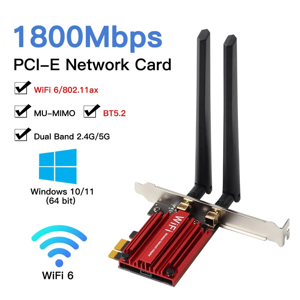 5400Mbps WiFi 6E PCIE WiFi Adapter Wireless Network Card Bluetooth 5.2 Tri-Band 2.4G/5G/6Ghz 802.11AX/AC For Windows 7/8/10/11: black