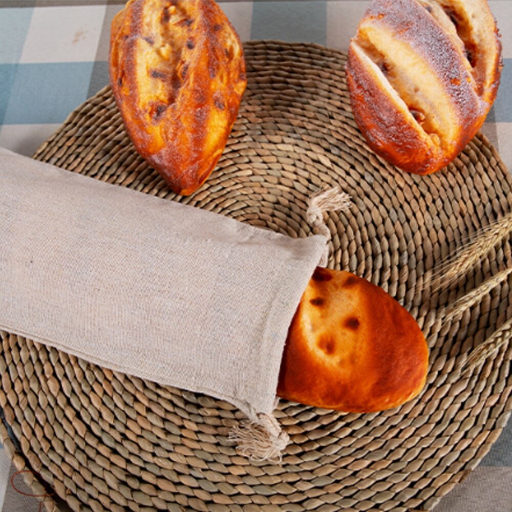 Linen Bread Bag Reusable Homemade Artisan Bread Storage Bag French Baguette Drawstring Bag Kitchen Storage