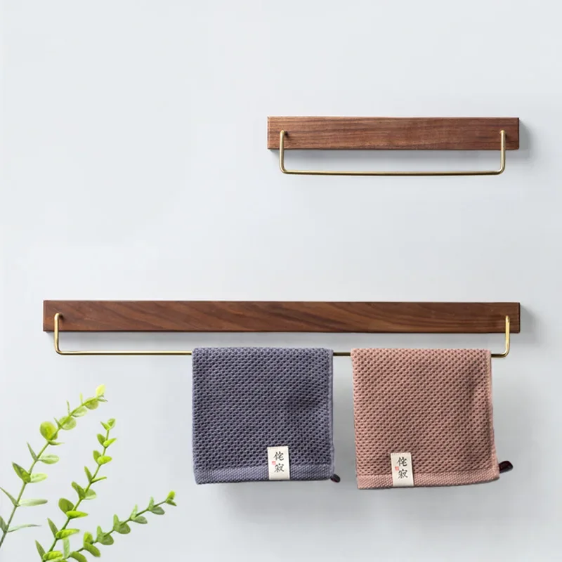 60CM Black Walnut Wood Towel Rack Wall Mounted Retro Towel Bar Wooden Holder Brass Towel Rail Brass Hooks for Bathroom Kitchen