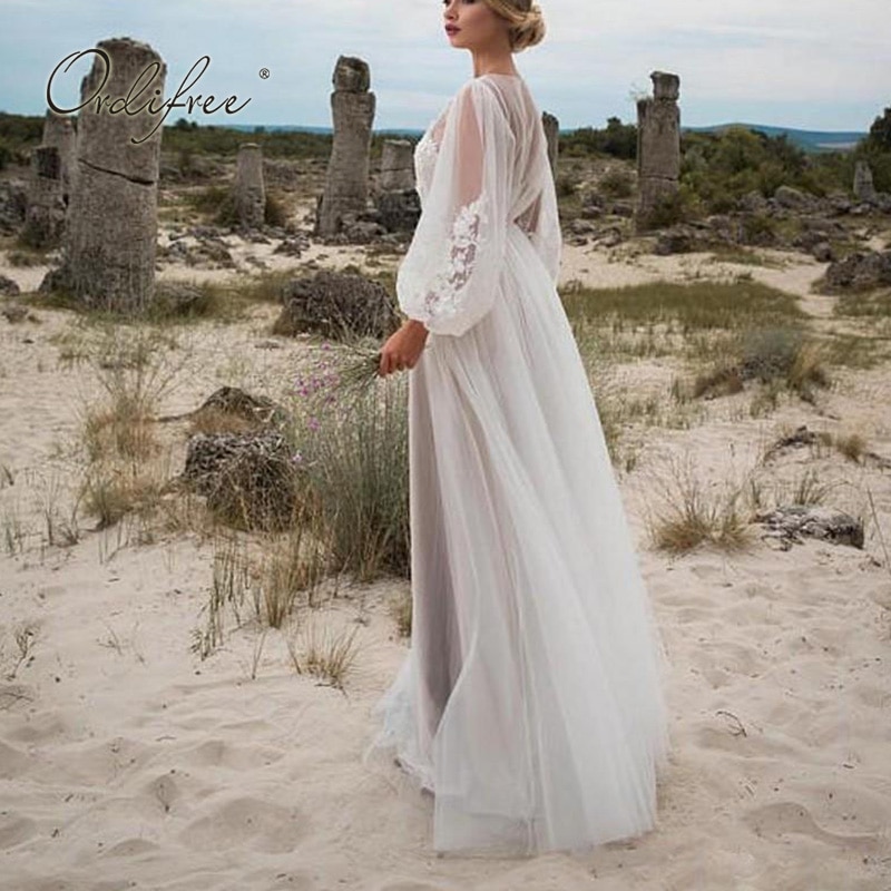 Ordifree sommer kvinner lang tyll kjole langermet broderi bryllup kall sexy hvit blondere maxi tunika strandkjole