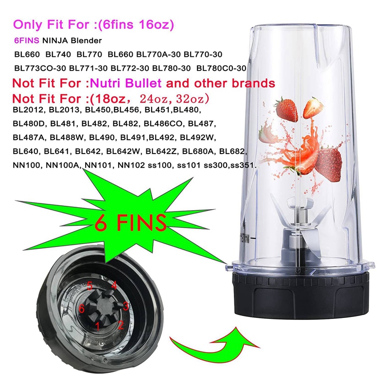 Replacement Parts for Nutri Ninja, 6 Fin Blender Blade and Cups Set for Blender BL660 BL770 BL780 BL740 Etc.