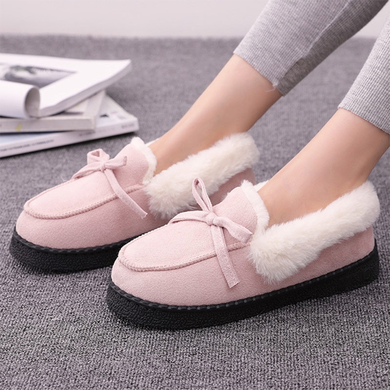Kvinnor vinter tofflor skor plysch varma lägenheter dam halkfri slip on casual bowtie komfort höst toffel kvinna: Rosa / 9