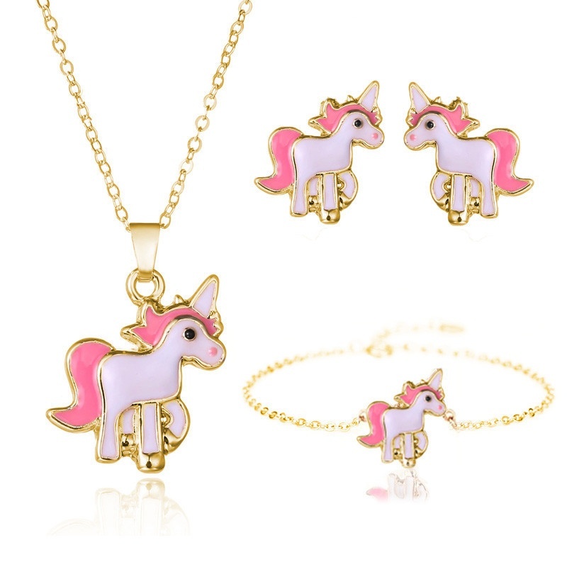 4 teile/satz Halskette Ohrringe Karikatur Einhorn Halskette Ohrring Schmuck Rosa Mädchen Schmuck Schmuck Ohrring und Halskette einstellen: 9