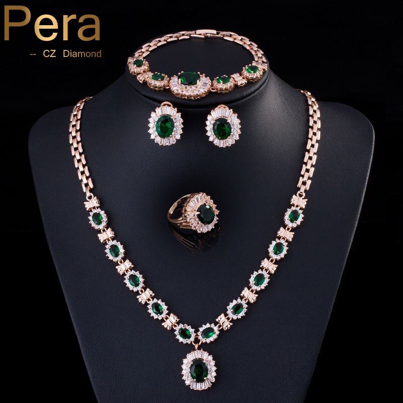 Pera 4 Stuk Sets Grote Zirconia Vrouwen Goud Kleur Ronde Groene Steen Afrikaanse Dubai Bruiloft Sieraden Sets j087: Green