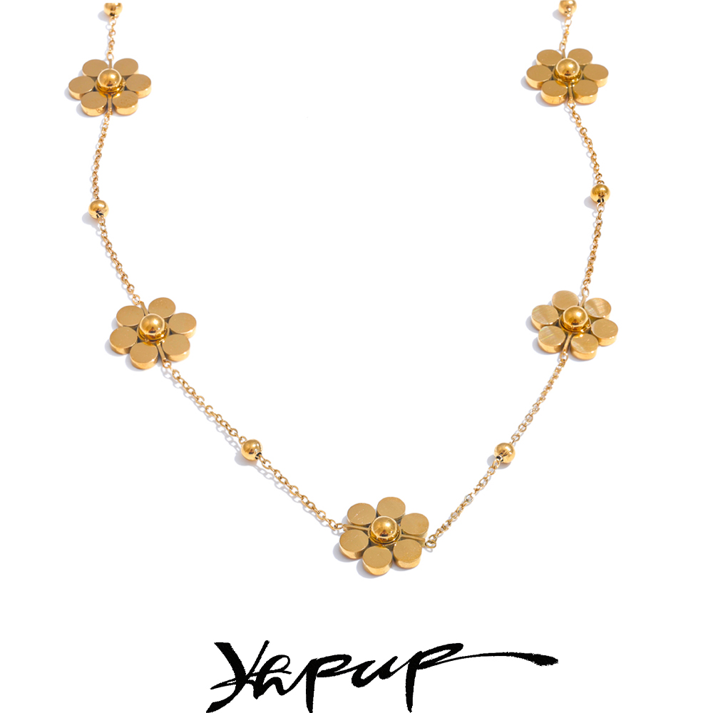 Yhpup Stainless Steel Flower Chain Necklace PVD Plated Golden Waterproof Polished Jewelry for Women
