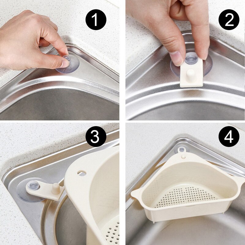 Sink Filter Kitchen Triangular Sink Filter Strainer Drain Vegetable Drainer Basket Suction Cup Sponge Holder Storage Rack #1