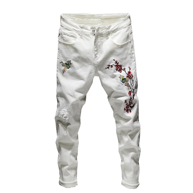 Homme fleur broderie déchiré jean mince stretch denim pantalon blanc bleu gris noir