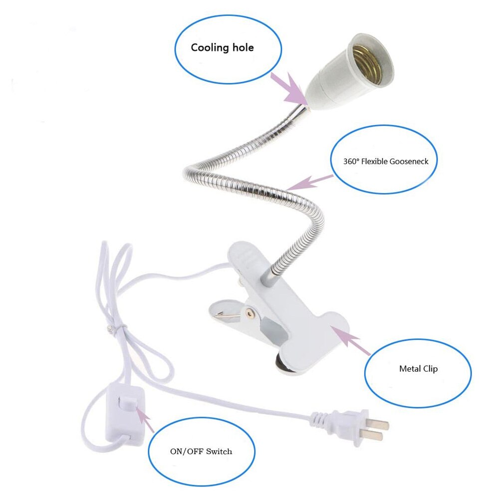 360 grader fleksibel lampeholder klips  e27 sokkel med av/på bryter eu us plugg bruk som enkel skrivebordslampe for led vokselys  e27 lampe