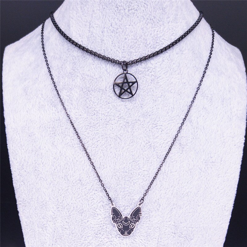 AFAWA Hexerei Pentagramm unbehaart Katze Edelstahl geschichtet Halskette Frauen Schwarz Farbe Halskette Schmuck gargantilla N3752S02