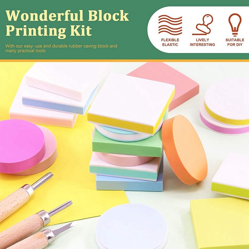 23Pcs Block Printing Starter Tool Kit,Rubber Stamps Making Set with Carving Blocks, Cutter Tools for Stamp Carving
