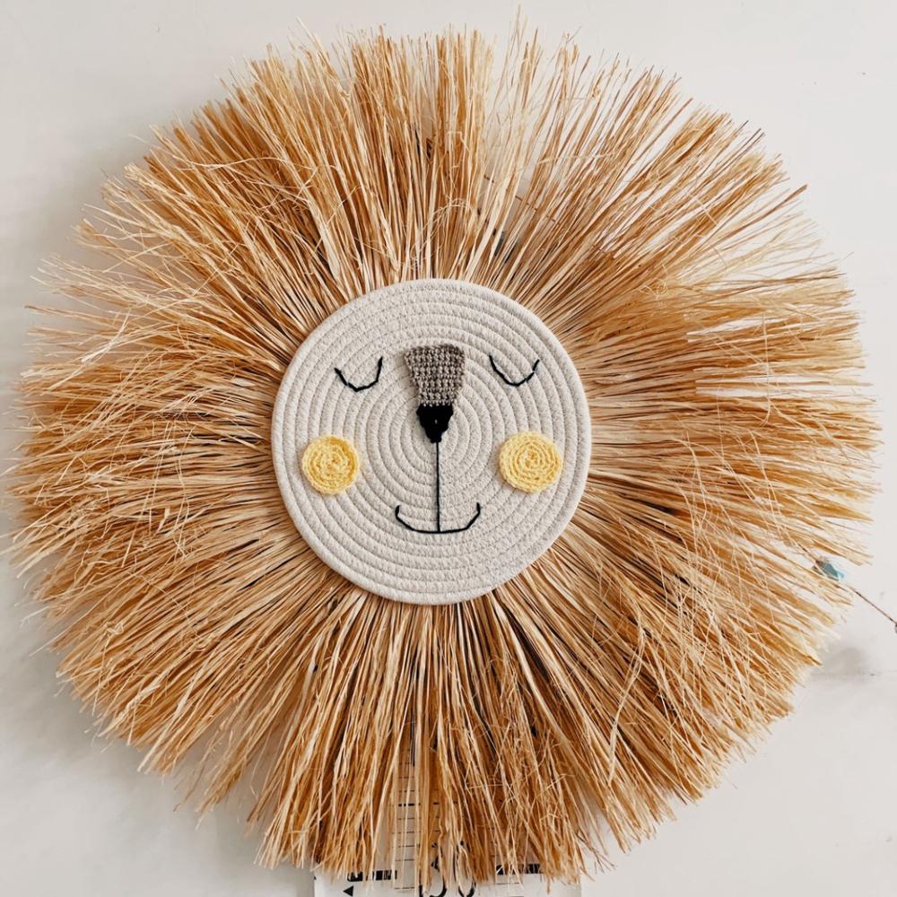 Kids Room Decor Animal Head Wall Decor Hand Woven Cartoon Lion Kindergarten Nursery Hanging Decorations Cotton Thread Weaving