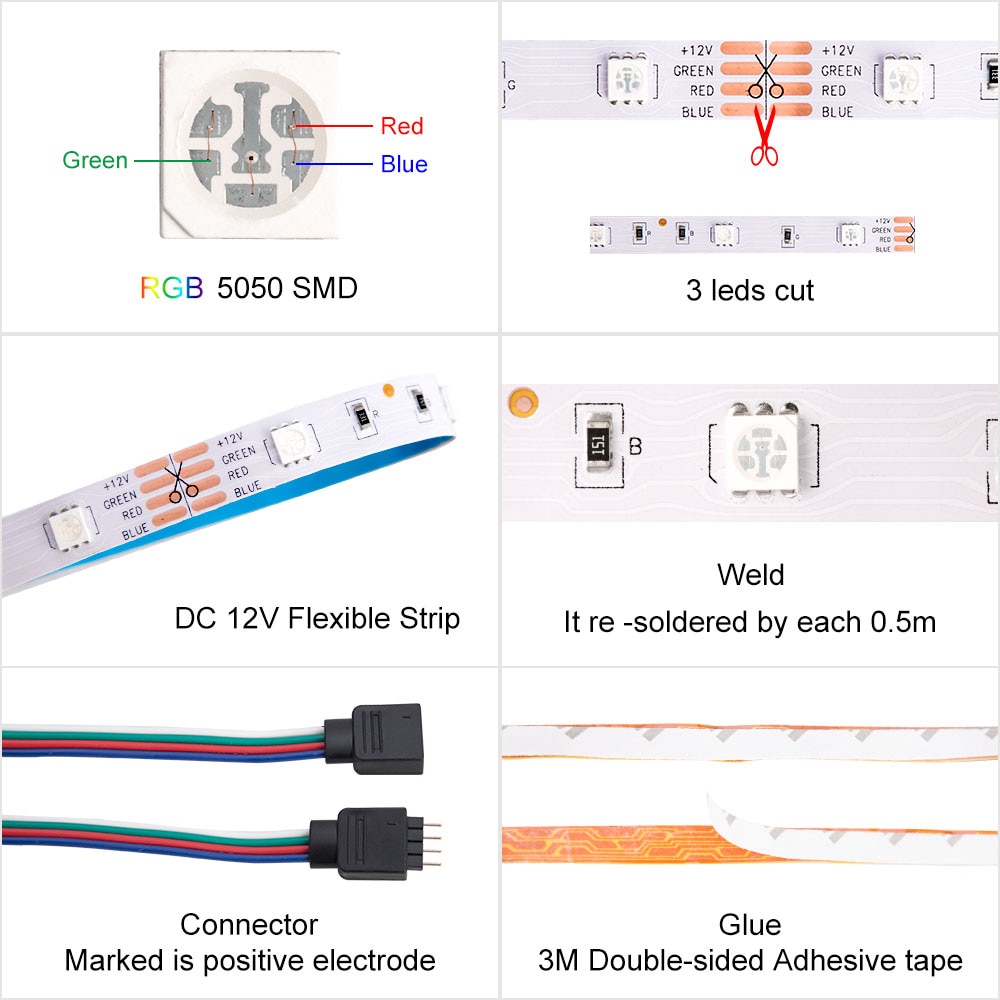 Led Strip Licht Rgb 5050 Smd 2835 Flexibele Lint Fita Led Light Strip Rgb 5M 10M 15M tape Diode Dc 12V + Afstandsbediening + Adapter