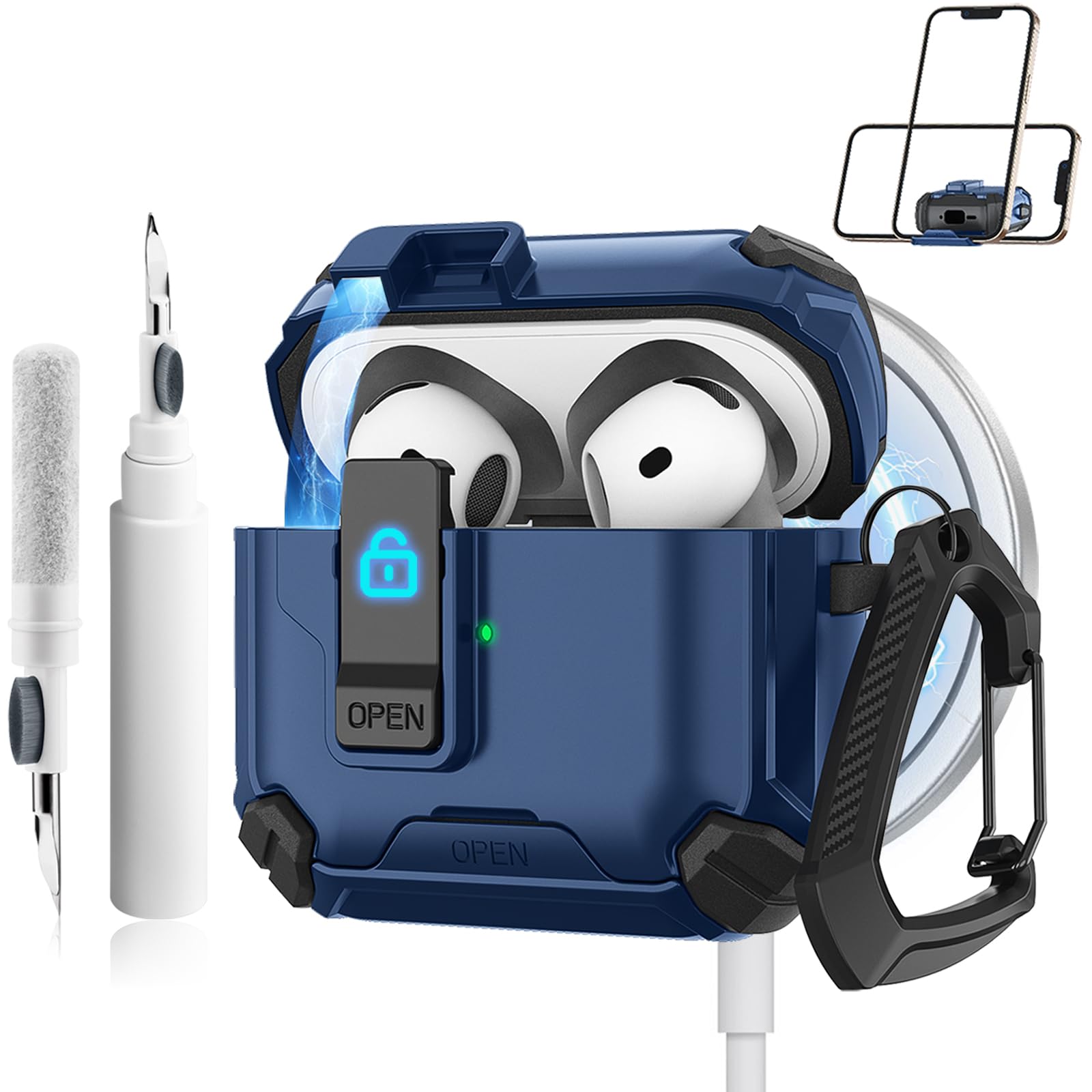Etui til airpods 4 med magsafe magnetisk automatisk lås med telefonstativ beskyttelsesdeksel med rengjøringssett etui til airpods 4: Mørk grå