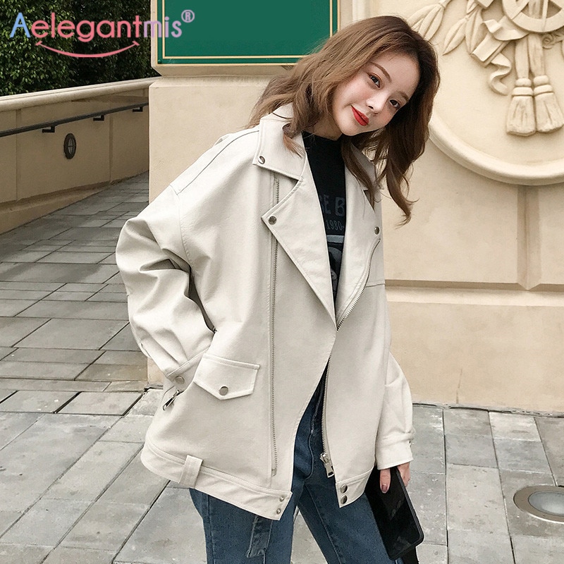 Aelegantmis Oversized Coat Women Faux Leather Jacket Spring Autumn Loose Biker Motorcycle Jackets Female Punk Streetwear
