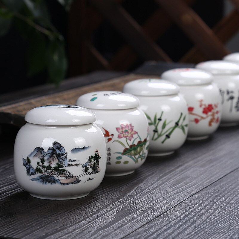Chinese Pattern Ceramics Tea Caddy Portable Travel Tea Cans Tea Canister Sealed Storage Bottles Spice Food Jars Home Decor