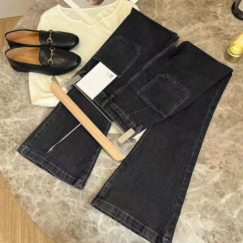ZMZBCH Pantalones de cintura alta, pantalones vaqueros holgados lavados con bolsillos, pantalones vaqueros ajustados acampanados clásicos para mujer, Pantalones rectos elásticos Vintage que combinan con todo