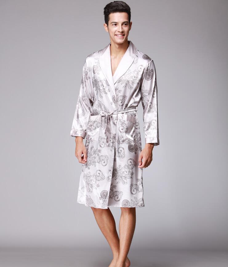 YT- 027 Spring Autumn Luxury Bathrobe Mens Print Plus Size Satin Pajamas Silk Nightgown: Gray