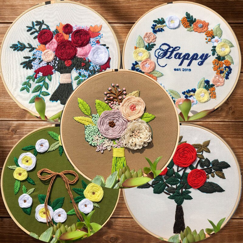3D Europe Embroidery Kits Bouquet Cross Stitch Kit With Embroidery Hoop Bordado Iniciante Decoration Paintings DIY Sewing Supply