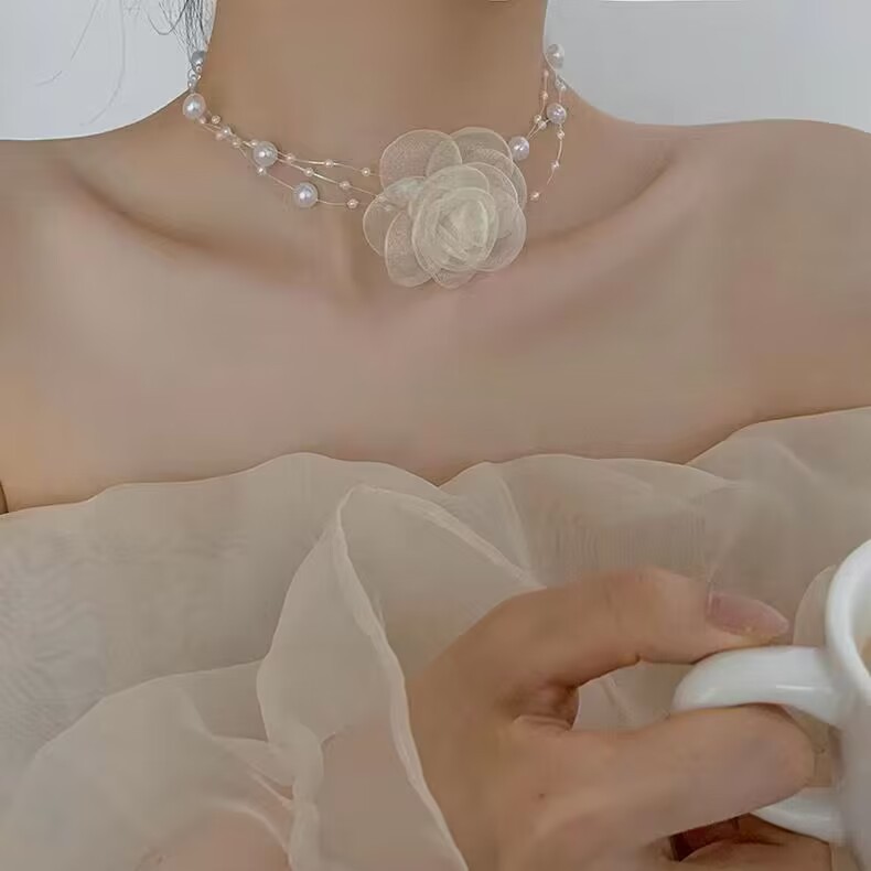 Blondehalskæde choker til kvinder blonde halsbånd krave blomst rose sommer vinter choker klub fest sexet smykker: Forsølvede