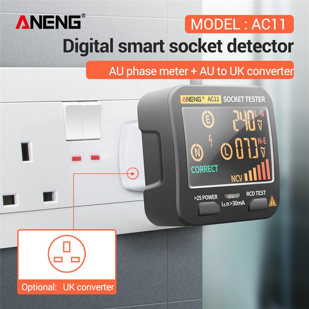 ANENG AC11 Socket Tester Electric Leakage Detector LCD Ground Zero Line Live Wire Phase Electroscope RCD NCV Electric Tester