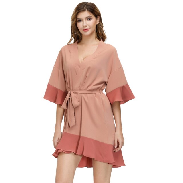 Zexxxy Vrouwen Kimono Mouwen Slaap Gewaad 3/4 Mouwen V-hals Verstoorde Nachtkleding Verstoorde Zoom Mouw Openingen: Salmon / M
