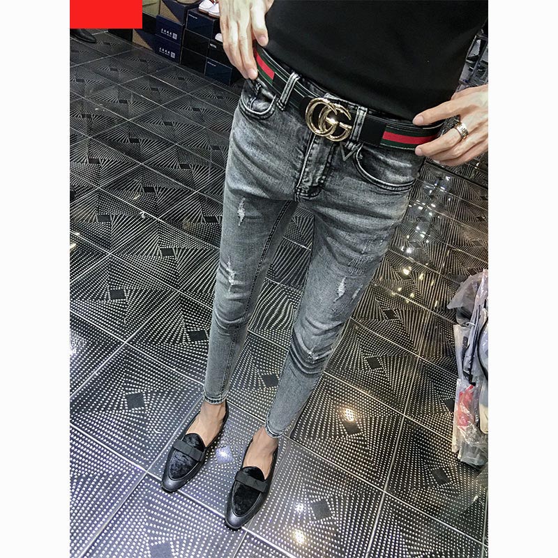 Socialstudenter kille fotled byxor man tighta fötter man grå skinny jeans homme slits hål cowboy penna byxor