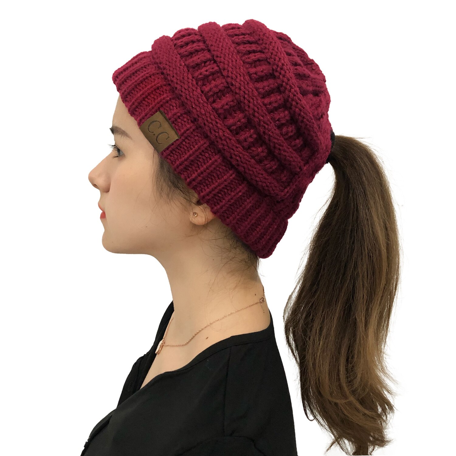 Winter Hats For Women Pompom CC Beanie Horsetail Caps Cross Criss Ponytail Hat Girls Warm Knitted Thick Outdoor Ski Cap: Claret