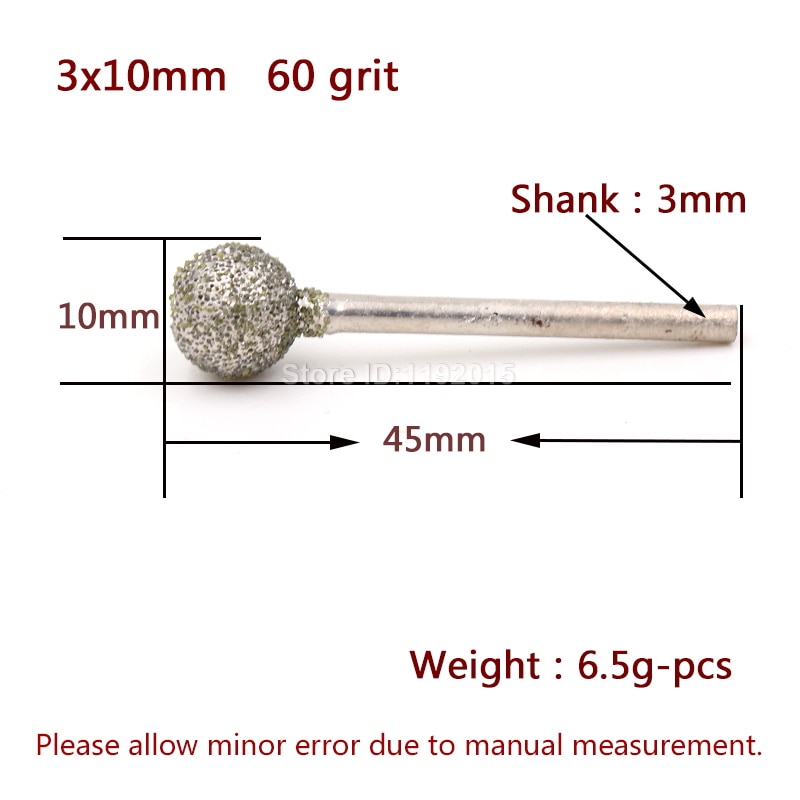 1x 3mm skaft korn 60 sfærisk diamant polering slibehoved monteret spidser dremel roterende nål rund hjul granit bor