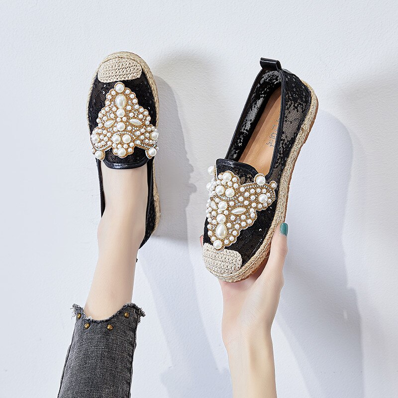 Strass Perles Espadrilles Femmes Sandales Maille Chaussures Plates D'été Respirant Lolita Sans Lacet Dames Chaussures Mocassins