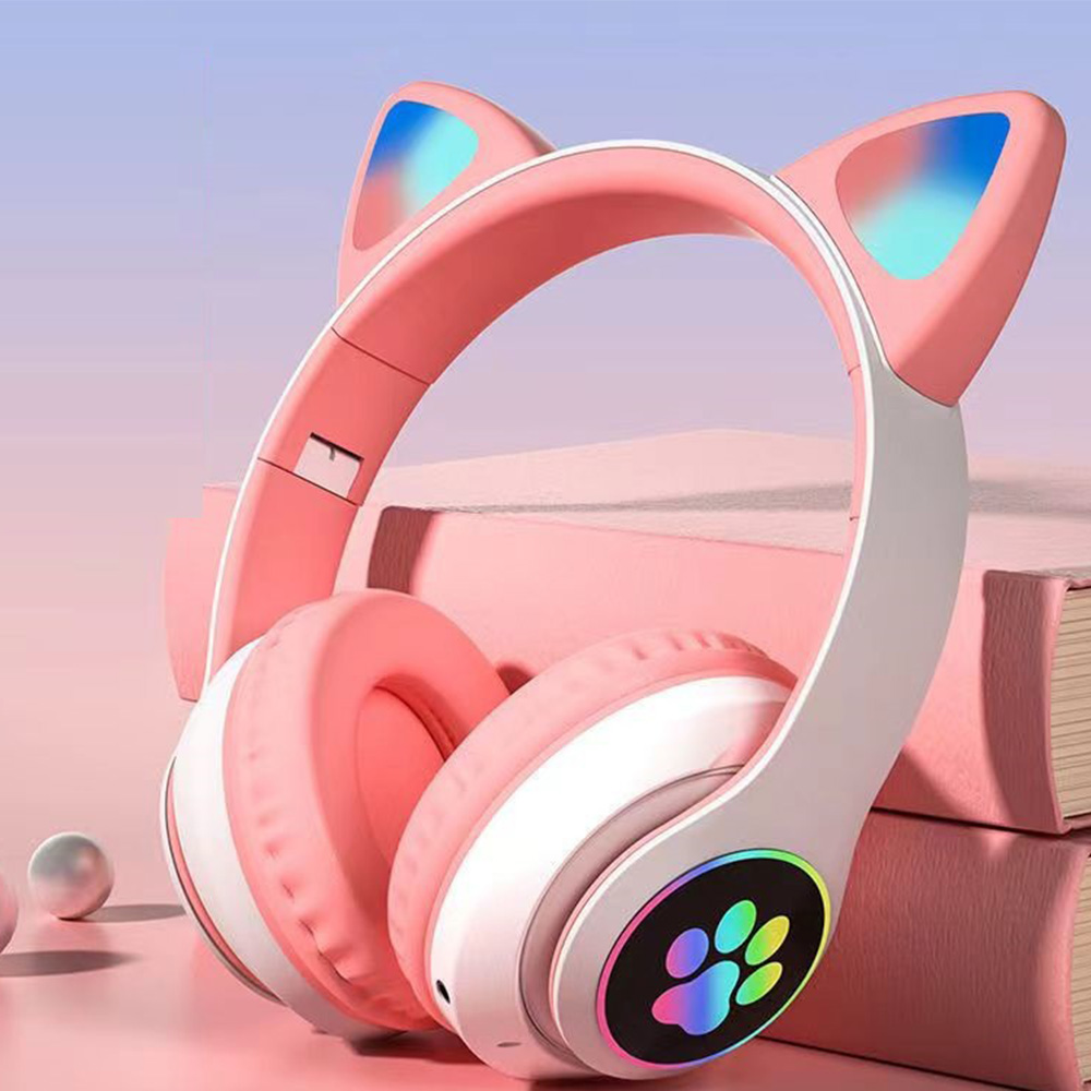 Cute Cat Ears Wireless Headphones RGB Gaming Headset With Microphone Noise Cancelling LED Earphones Stereo Music Children's
