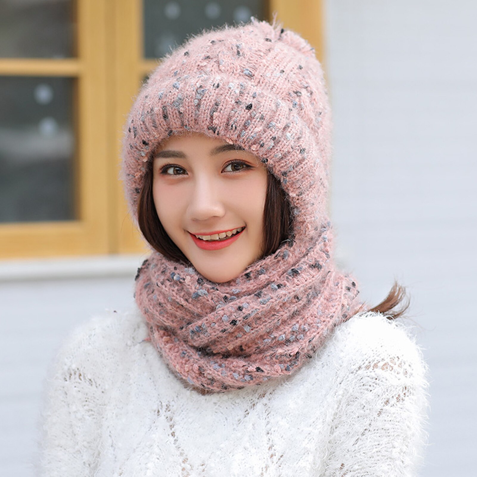 Korean-Style Women Autumn Winter Skullies Beanies Girls Soft Warm Woolen Knitted Circle Loop Scarf Cap Ladies ourdoor sports Hat