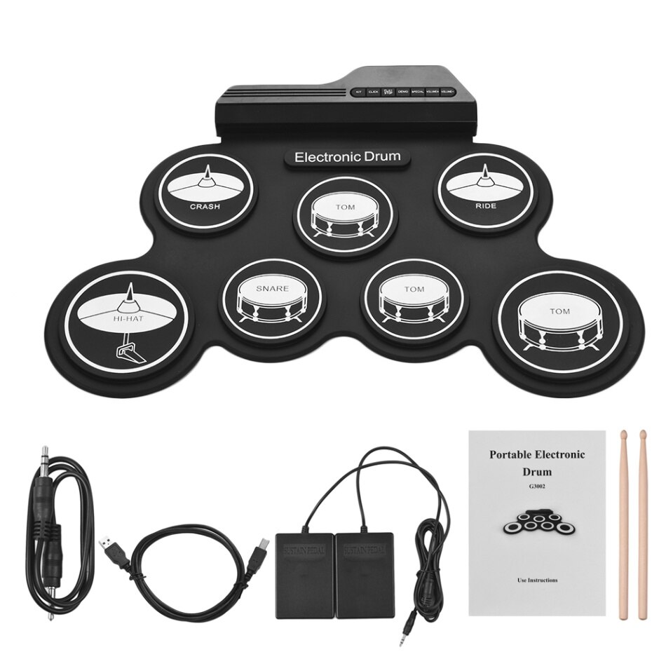 Portable Electronic Drum Digital USB 7 Pads Roll up Drum Set Silicone Electric Drum Pad Kit With DrumSticks Foot Pedal: Electronic Drum 01