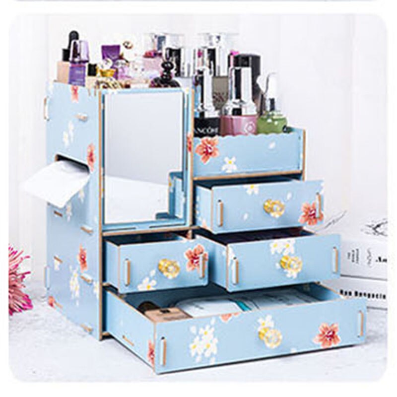 Organizador de maquillaje de madera con espejo, cajón de escritorio, organizador de cosméticos para mujer, tocador, lápiz labial, Perfume, caja de almacenamiento de joyería: Blue lotus