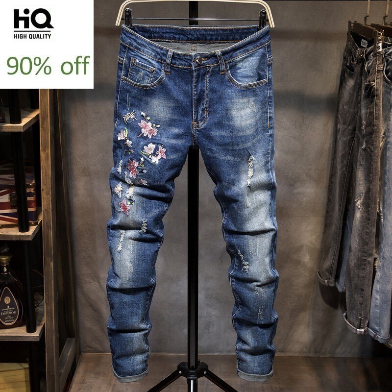 Hommes jean broderie fleur trou déchiré mince Stretch jambe droite Denim pantalon grande taille 38 décontracté fermeture éclair Biker pantalon mâle