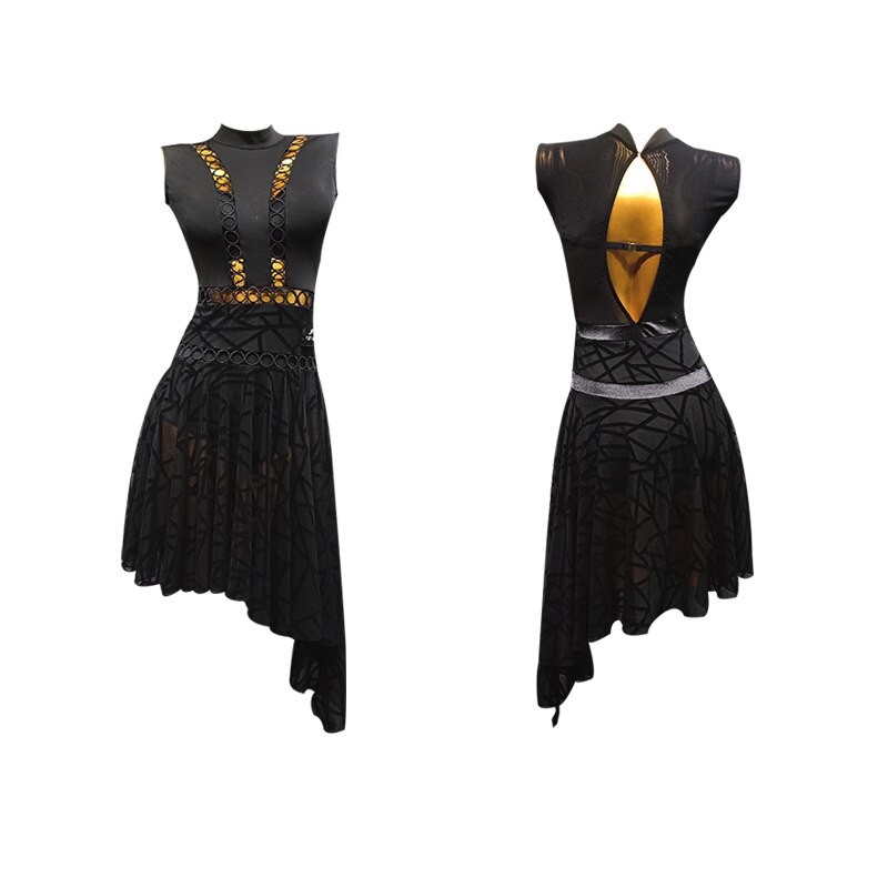 Latin Dans Jurk Sexy Zwarte Mouwloze Backless Holle Stiksels Mesh Elegante Rumba Chacha Samba Concurrentie Praktijk Jurk