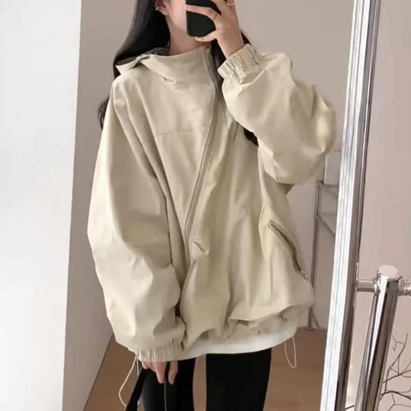 Damjackor med huva, diagonal dragkedja, vintage, höst, baggy, bf-stil, utomhus, chaqueta, damer, fritid, matchande, dam: S / Blå